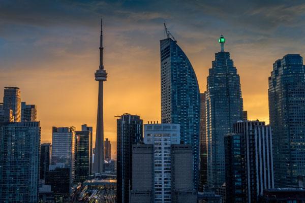 Toronto skyline with CN Tower at sunset